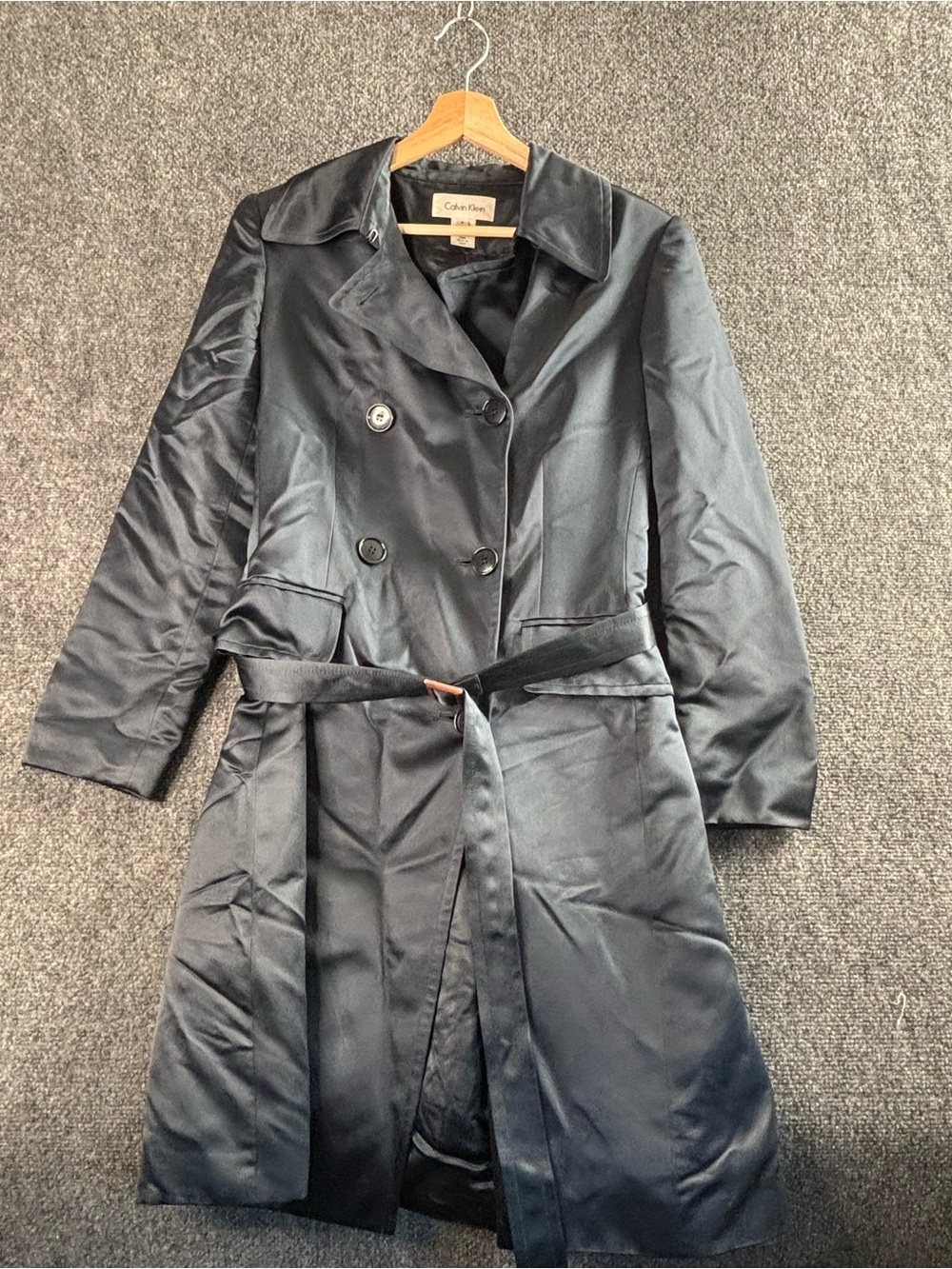 Calvin Klein Black Satin Double-Breasted Trench Coat with Belt